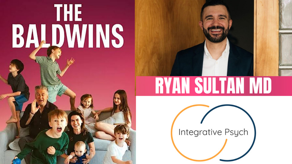 Split promotional image: Baldwin family with children on pink background; Dr. Sultan headshot with Integrative Psych logo